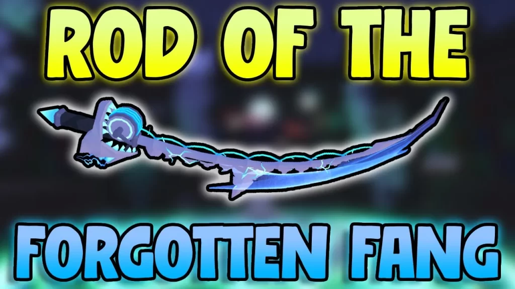 The Rod of the Forgotten Fang in Roblox Fisch with its crafting station in the Ancient Archives.