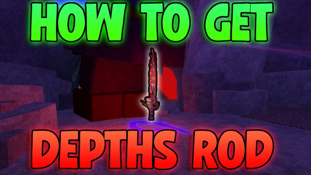 Roblox Fisch guide showing steps to obtain the Rod of the Depths near a glowing whirlpool.